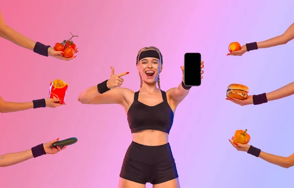 Φωτογραφία για τη διαφήμιση μιας mobile εφαρμογής σχετικά με τη διατροφή, τη διατροφή, τη φυσική κατάσταση και τον αθλητισμό. Ιδέα μετά τα μέσα κοινωνικής δικτύωσης Εικόνα Αρχείου