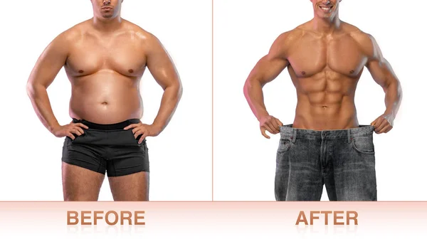 Antes y Después de la Pérdida de Peso Fitness Transformación. El hombre era gordo pero se convirtió en atlético. Fat to fit concept. — Foto de Stock