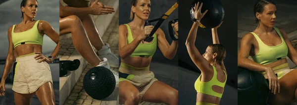 Mulher Fazendo Flexões Com Tiras Fitness Trx Livre Mulher Desportiva — Fotografia de Stock