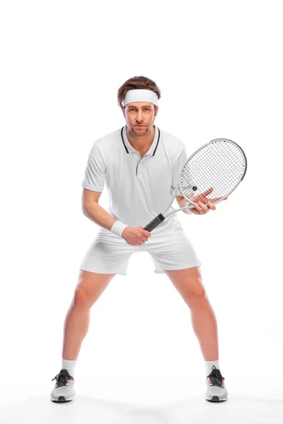 Giocatore Tennis Con Racchetta Costume Bianco Uomo Atleta Che Gioca — Foto Stock