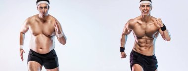 Kilo vermek ve zayıf bir atlet olmak için koşan şişman bir adam. Koşan sporcu. Kilo kaybetmeden önce ve sonra spor dönüşümü. Konsepte uyacak kadar şişman