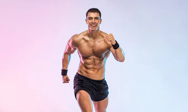Runner Concept Atleet Sprinter Draait Blauwe Achtergrond Fitness Sport Motivatie — Stockfoto
