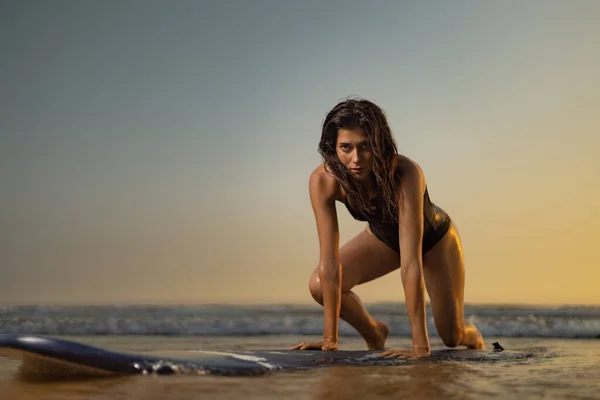 Surf Girl Long Hair Surfing Woman Holding Surfboard Beach Sunset — Stockfoto