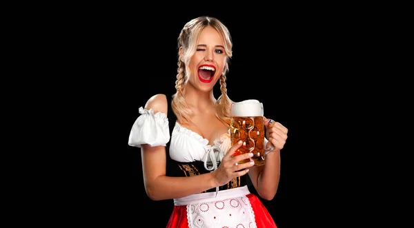 Young Sexy Oktoberfest Girl Waitress Wearing Traditional Bavarian German Dirndl — Photo