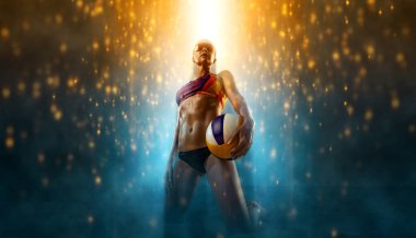 Sahilde gün batımında oynayan voleybol oyuncusu. Ateşli arka planda kız atlet