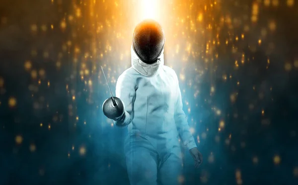 Portrait Young Woman Fencer Wearing Mask White Fencing Costume Holding — Stock Photo, Image