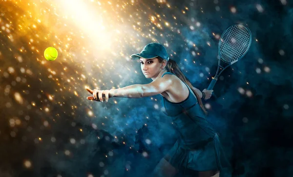 Beautiful Girl Tennis Player Racket Dark Background Wiht Lights — Stock Photo, Image