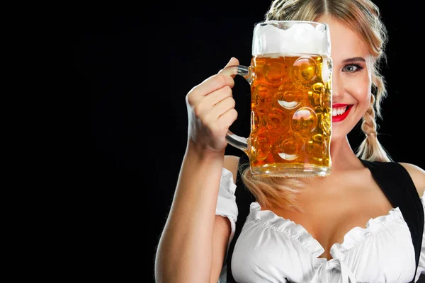 Young Sexy Oktoberfest Girl Waitress Wearing Traditional Bavarian German Dirndl — 图库照片