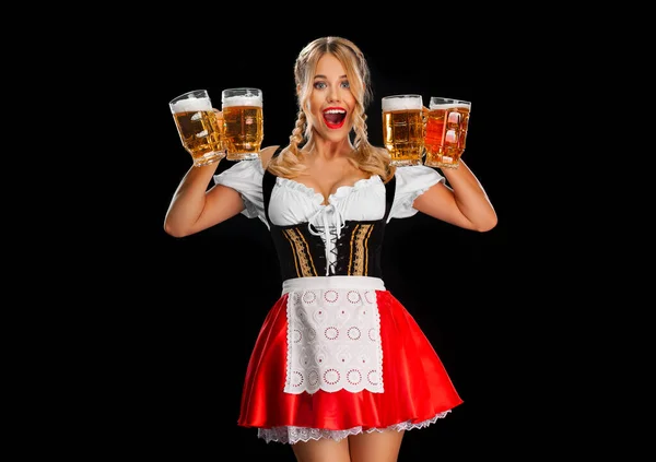 Young Sexy Oktoberfest Girl Waitress Wearing Traditional Bavarian German Dirndl — 스톡 사진