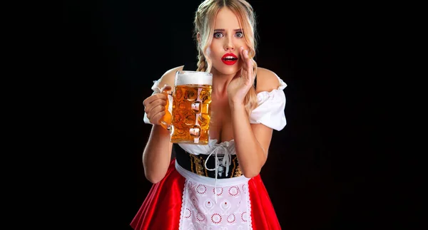 Young Sexy Oktoberfest Girl Waitress Wearing Traditional Bavarian German Dirndl — Stockfoto