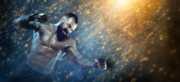 Boxer Boxhandschuhen Vor Schwarzem Hintergrund Header Vorlage Für Sportwebseiten Kopierraum — Stockfoto