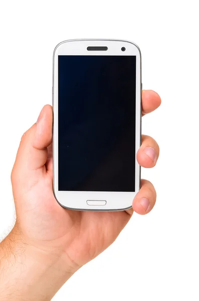 Segurando um telefone de tela de toque moderno — Fotografia de Stock