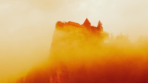 Lake Bled, view on castle in clouds — Stock Video