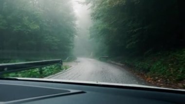 Sisli bir günde ormanın içinden araba sürmek. Islak bir yolda, sisle kaplı bir arabadan görüntü. Mavi sisli hava. El kamerasıyla..