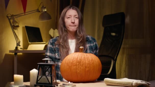 Having Fun Pumpkin Halloween Bored Woman Sitting Making Funny Faces — Stockvideo