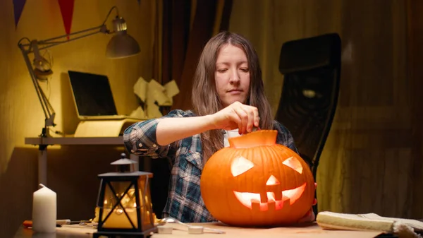 Cutting Pumpkin Taking Lid Seeds Out Halloween Preparations Woman Sitting — Stok fotoğraf