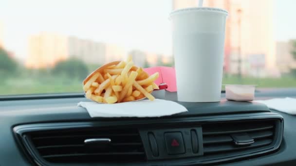 Fast Food Car Dash Burger French Fries Drink Straw Car — Stock Video