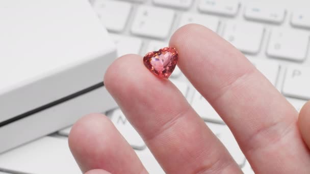 Herzförmiger Turmalinstein Der Hand Eines Gemmologen Oder Juweliers Online Schmuckeinkauf — Stockvideo
