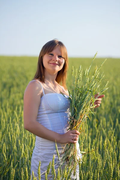 Retrato de una hermosa niña en un campo de trigo — Foto de Stock