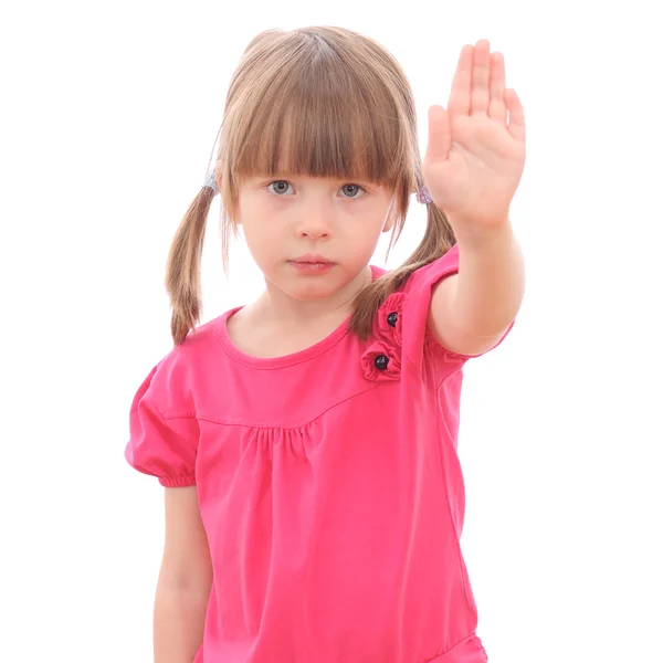 Sonriente niña mostrando su mano hacia arriba —  Fotos de Stock
