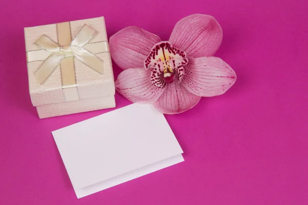 Box for gift and orchid — Stock Photo, Image