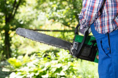 Bir işçi elinde bir el testeresi tutuyor.