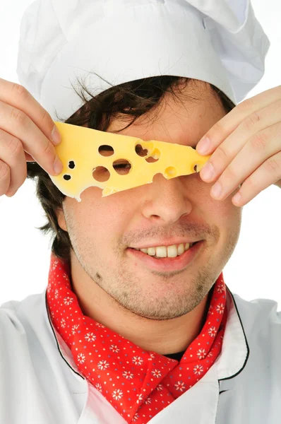 Chef feliz com queijo — Fotografia de Stock
