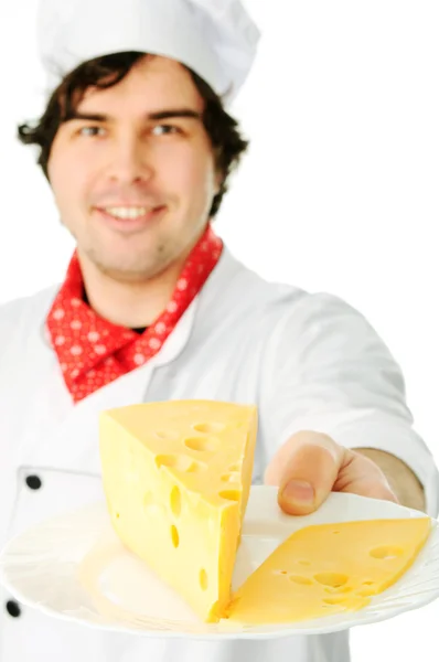 Cook holding cheese stack. — Stock Photo, Image