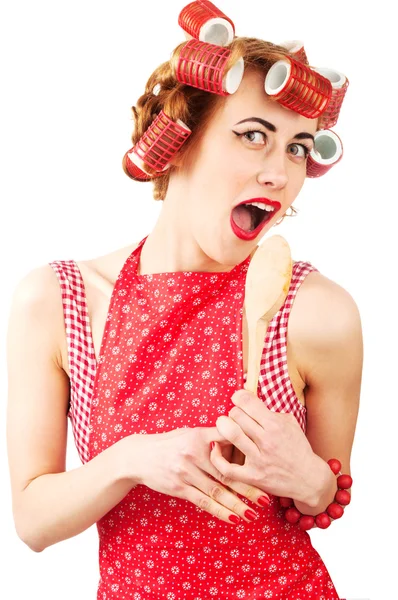 Young housewife singing with spoon — Stock Photo, Image