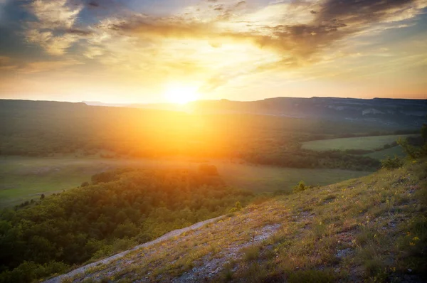 Dawn Bergen Zomer Bergweiden Bossen Stralen Van Rijzende Zon — Stockfoto