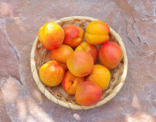 Apricot Fruits Wicker Saucer Standing Stone View — Photo