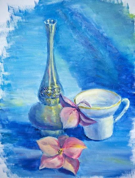 Still life with cup and flowers, oil painting on canvas — Stock Photo, Image