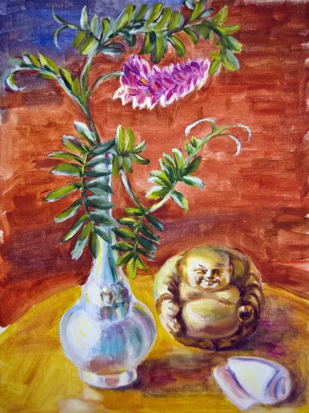 Natura morta con fiori e piccolo idolo cinese, pittura ad olio su tela — Foto Stock