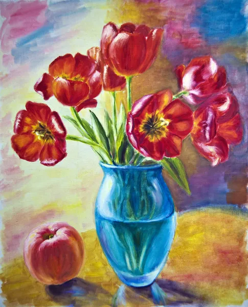 Bodegón con tulipanes y melocotón, pintura al óleo sobre lienzo — Foto de Stock