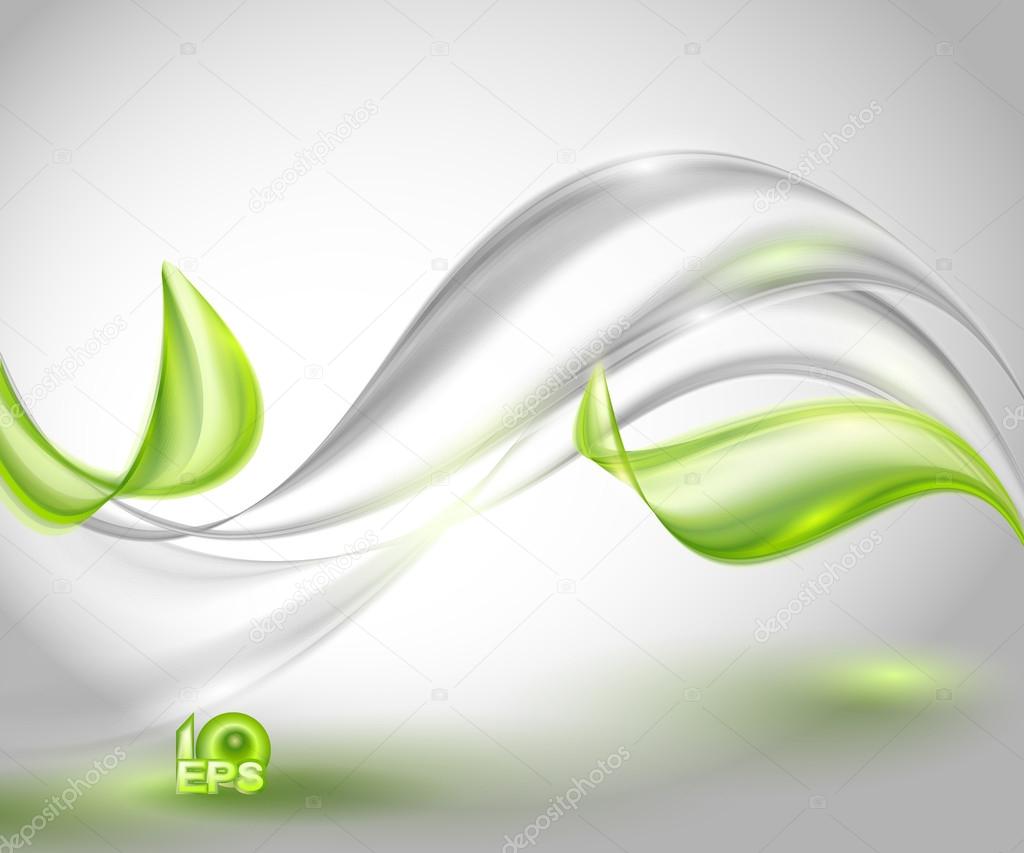 Abstract gray waving background with green leaves