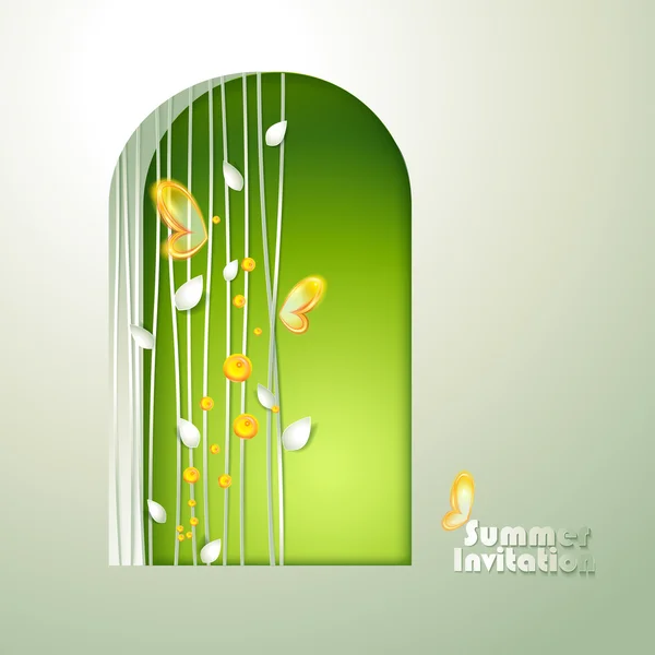 Tarjeta con ventana y mariposas — Vector de stock