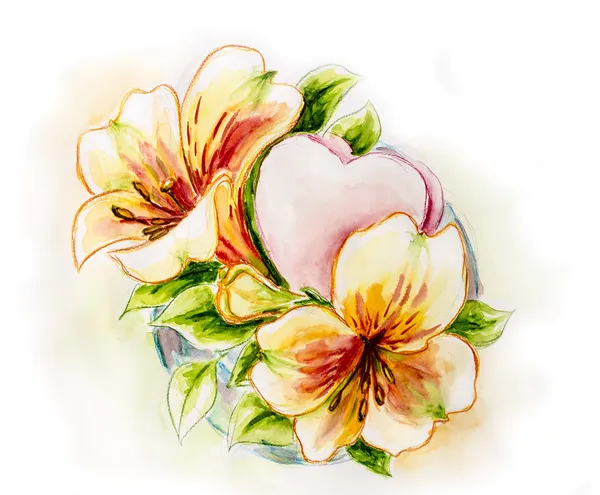 Flores de primavera con corazón. Pintura acuarela . — Foto de Stock