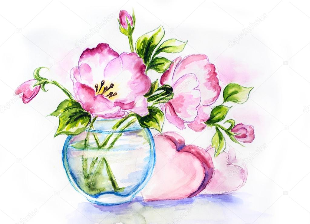 Spring Flowers In Vase Watercolor Painting Stock Photo By C Valenty 40596305