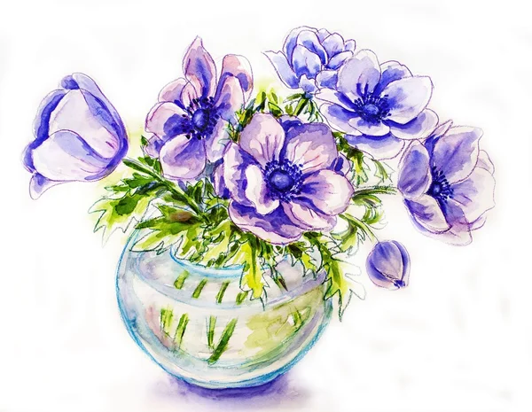 Flores de primavera em vaso, ilustração aquarela — Fotografia de Stock