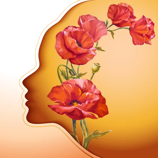 美しい若い女性の髪に花を持つ — ストックベクタ