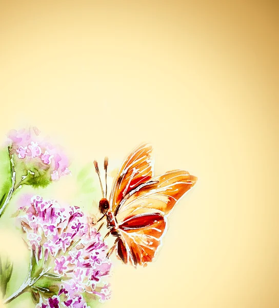 Carte aquarelle peinte avec fleurs d'été et papillon — Photo