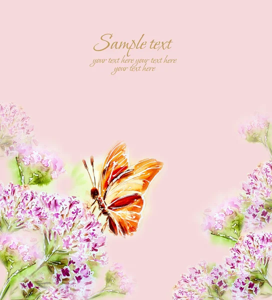 Bemalte Aquarellkarte mit Sommerblumen und Schmetterling — Stockfoto