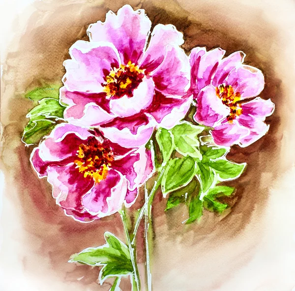 Painted watercolor card with peony flowers — Stock Photo, Image