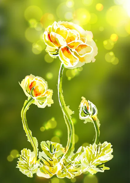 Blomma gul grön bakgrund, akvarell — Stock vektor