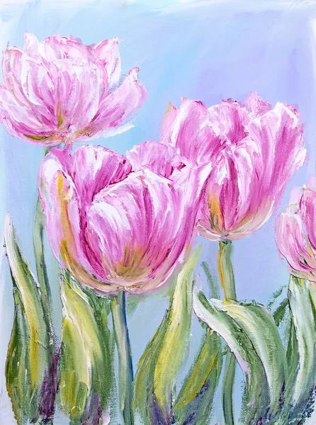 Tulipanes rosas, pintura al óleo sobre lienzo — Foto de Stock