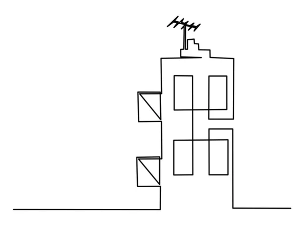 Dům s balkónem a anténou. Kontinuální kresba jedné čáry. — Stockový vektor