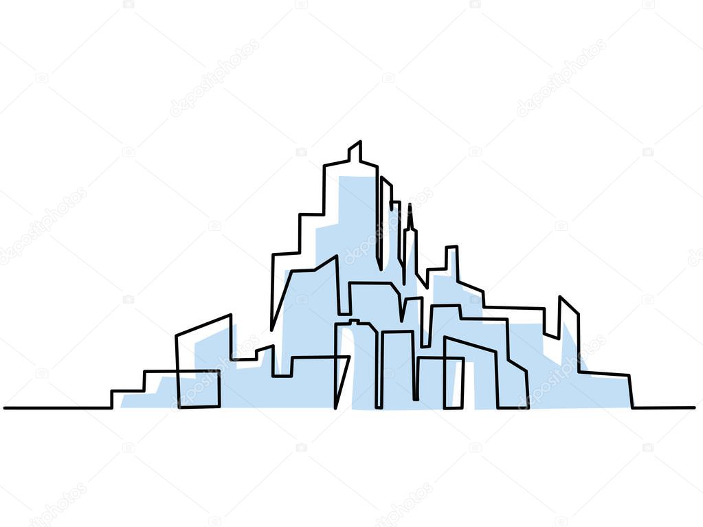 Cityscape Modern City Panorama with Skyscrapers. One Line Drawing