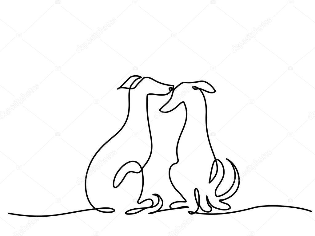 Two lovely greyhounds silhouette. Continuous one line drawing. Outline on white background. Line art. Vector Illustration