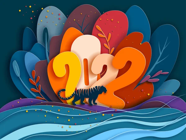 Čínský Nový rok 2022 karta v papírovém střihu stylu. Tmavý tygr na břehu řeky — Stockový vektor