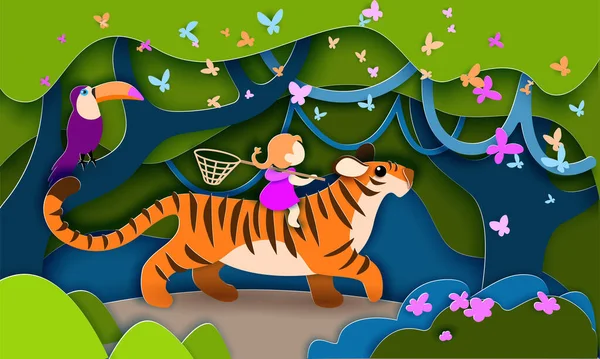 Child girl sitting on tiger walking in jungle. Concept of 2022 Chinese new year — Stock Vector